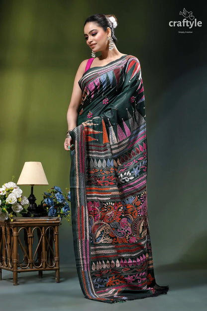 Timber green multi-thread embroidery designer silk kantha saree dark green silk saree adorned 5