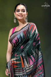 Timber green multi-thread embroidery designer silk kantha saree dark green silk saree adorned 2