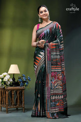 Timber green multi-thread embroidery designer silk kantha saree dark green saree intricate colorful 7