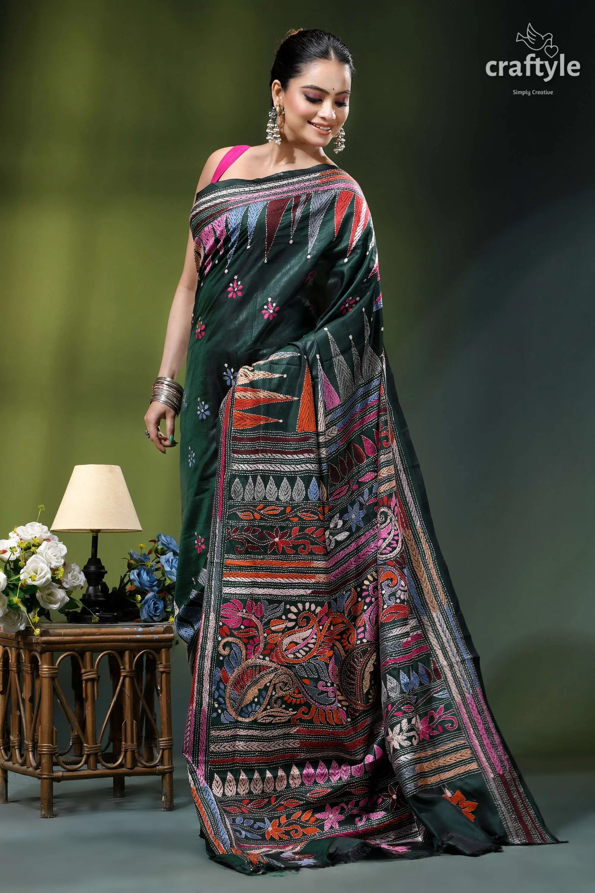 Timber green multi-thread embroidery designer silk kantha saree dark green silk saree intricate 4