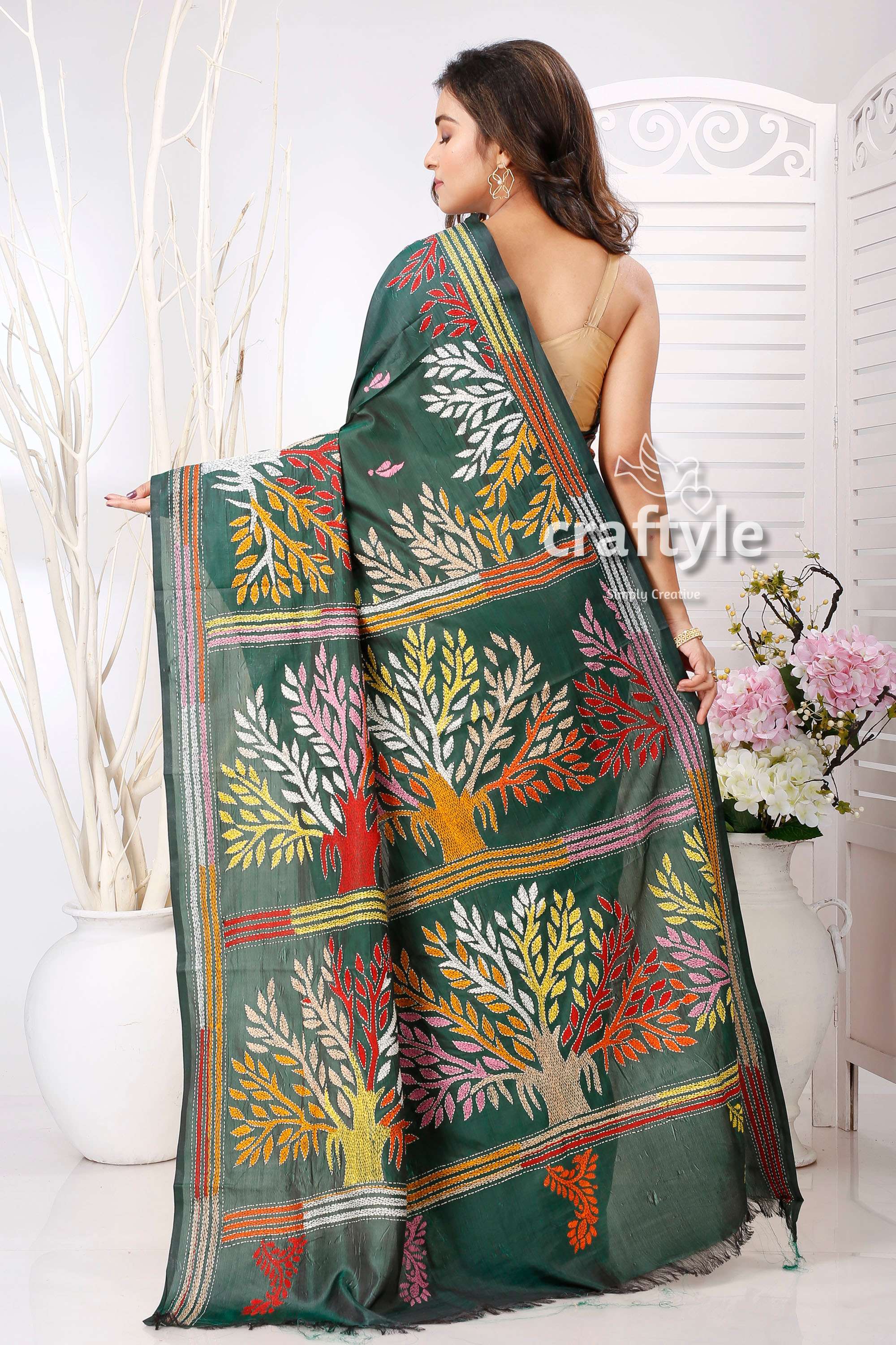 Timber Green Multicolor Thread Kantha Stitch Silk Sari - Craftyle