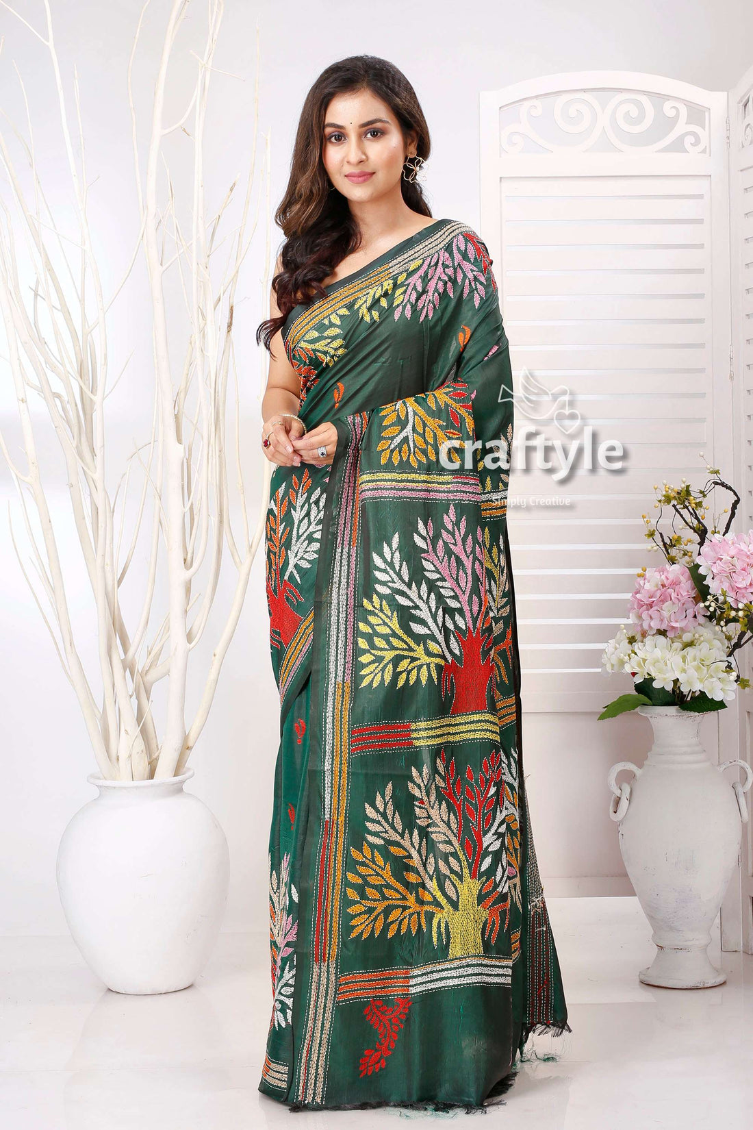 Timber Green Multicolor Thread Kantha Stitch Silk Sari - Craftyle