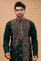 Timber green multithread hand embroidered kantha mens kurta dark intricate 2