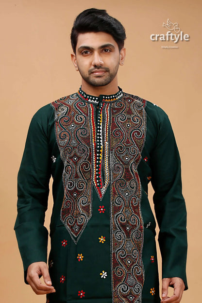 Timber green multithread hand embroidered kantha mens kurta dark intricate 2