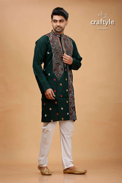 Timber green multithread hand embroidered kantha mens kurta dark intricate 3