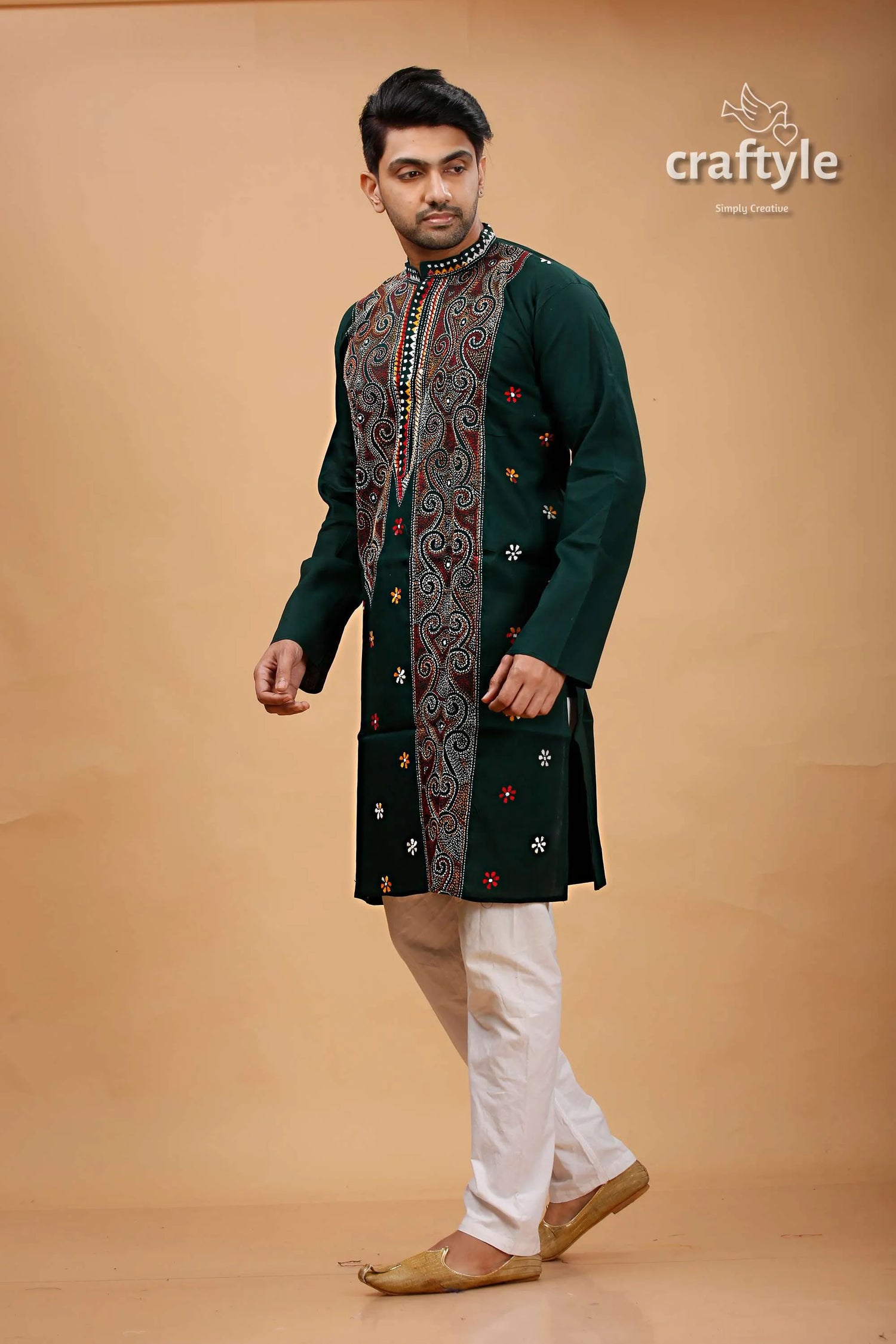 Timber green multithread hand embroidered kantha mens kurta dark intricate 4