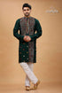 Timber green multithread hand embroidered kantha mens kurta dark intricate 1
