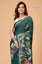 Timber Green Village Theme Silk Kantha Work Saree - Craftyle