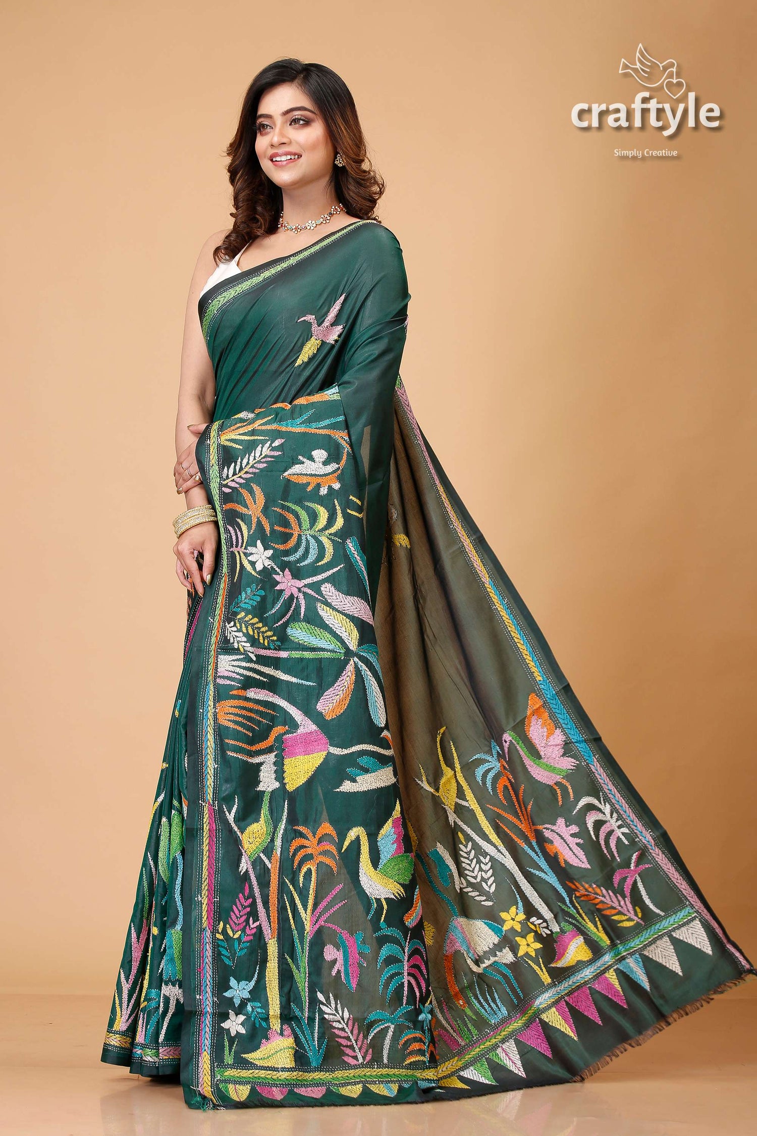 Timber Green Village Theme Silk Kantha Work Saree - Craftyle