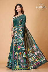 Timber Green Village Theme Silk Kantha Work Saree - Craftyle