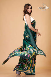 Timber Green Village Theme Silk Kantha Work Saree - Craftyle