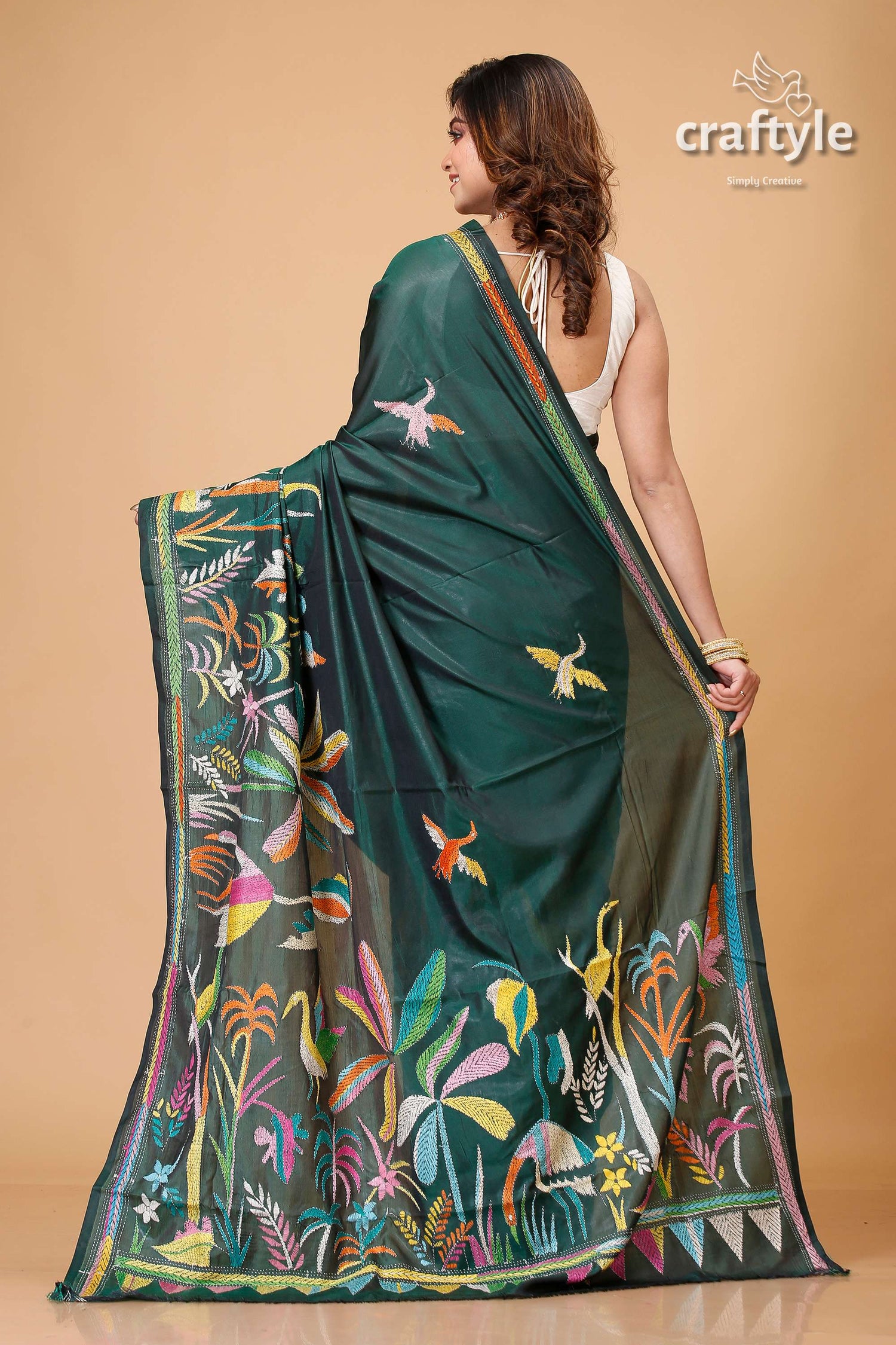 Timber Green Village Theme Silk Kantha Work Saree - Craftyle