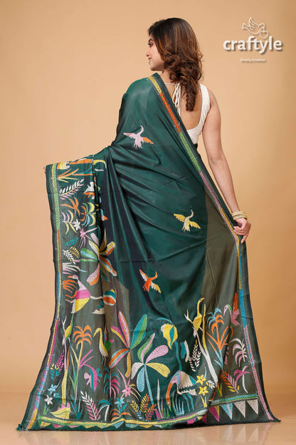 Timber Green Village Theme Silk Kantha Work Saree - Craftyle