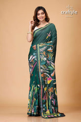 Timber Green Village Theme Silk Kantha Work Saree - Craftyle