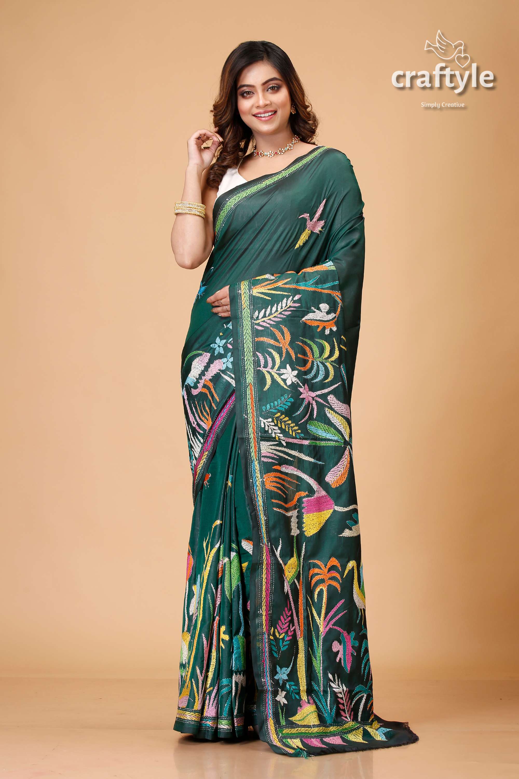 Timber Green Village Theme Silk Kantha Work Saree - Craftyle