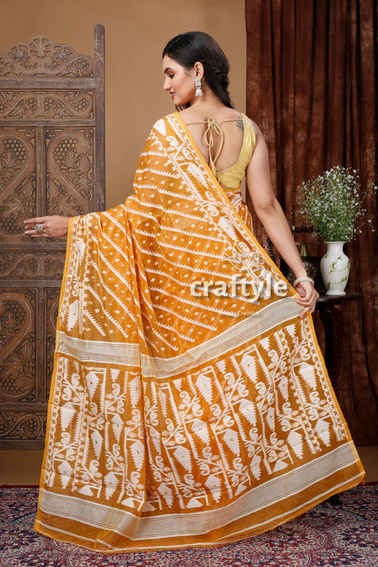Timeless Earth Yellow and White Jamdani Saree - Traditional Artistry - Craftyle