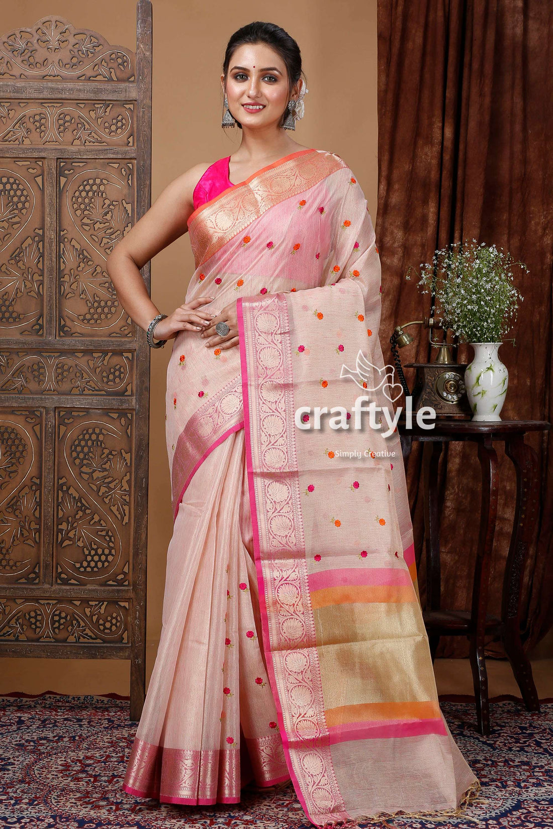 Tissue Organza Silk Saree in Light Peach - Craftyle