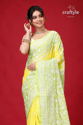 Titanium Yellow & Green Dyed Silk Kantha Work Saree-Craftyle
