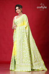 Titanium Yellow & Green Dyed Silk Kantha Work Saree-Craftyle