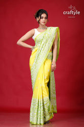 Titanium Yellow & Green Dyed Silk Kantha Work Saree-Craftyle