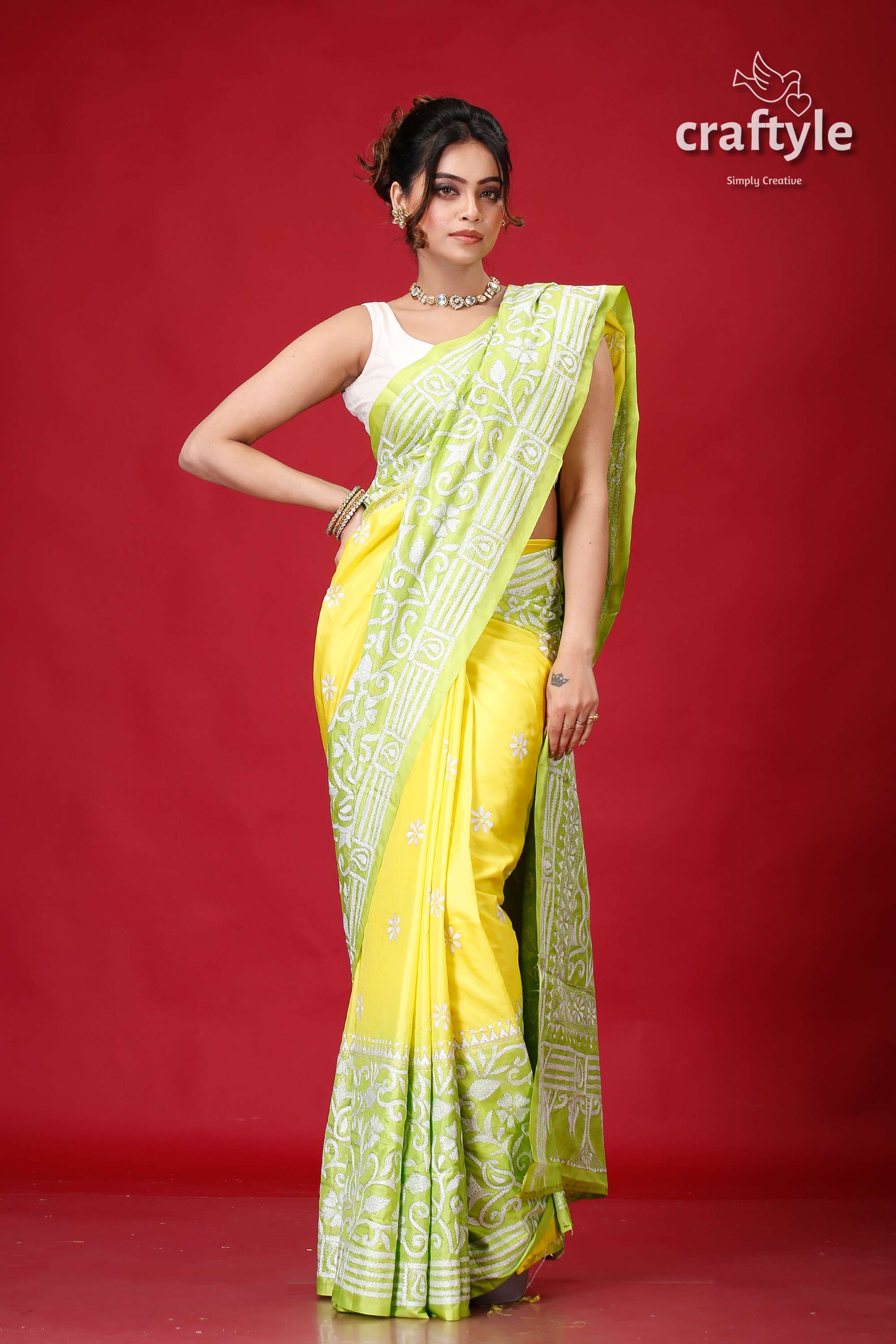 Titanium Yellow &amp; Green Dyed Silk Kantha Work Saree-Craftyle