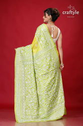 Titanium Yellow & Green Dyed Silk Kantha Work Saree-Craftyle