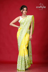 Titanium yellow & green dyed silk kantha work saree woman yellow green saree 4