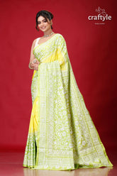 Titanium yellow & green dyed silk kantha work saree woman yellow green patterned sari 3