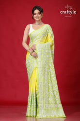 Titanium Yellow & Green Dyed Silk Kantha Work Saree-Craftyle
