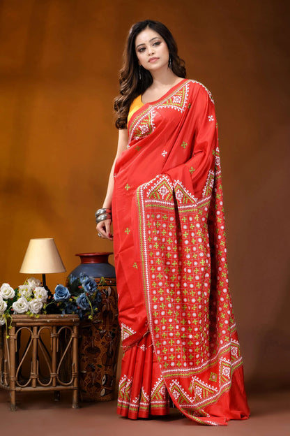 Tomato red ethnic motif handcrafted silk kutch embroidery saree vibrant red saree intricate gold 4