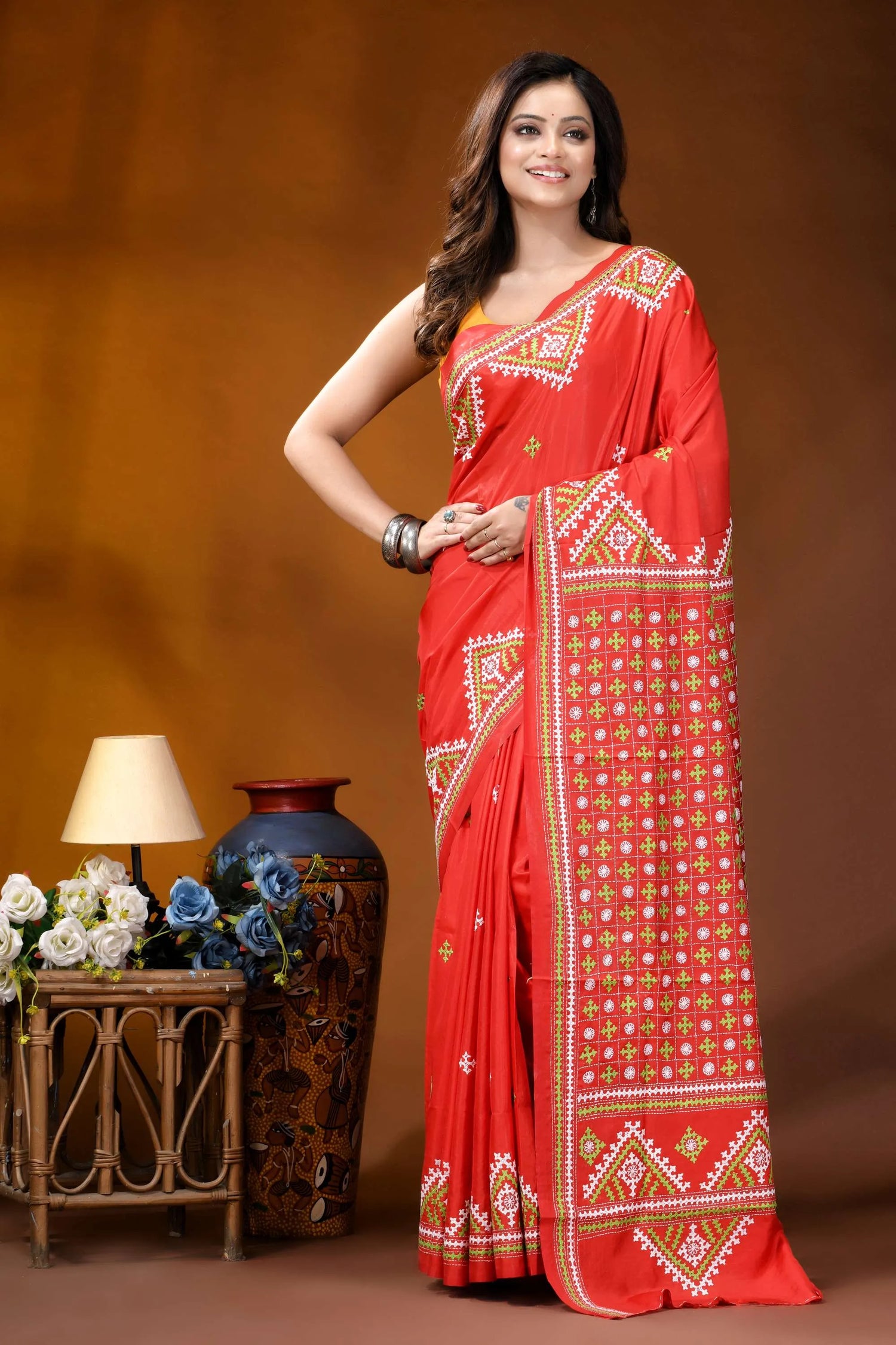 Tomato red ethnic motif handcrafted silk kutch embroidery saree vibrant red saree adorned intricate 6