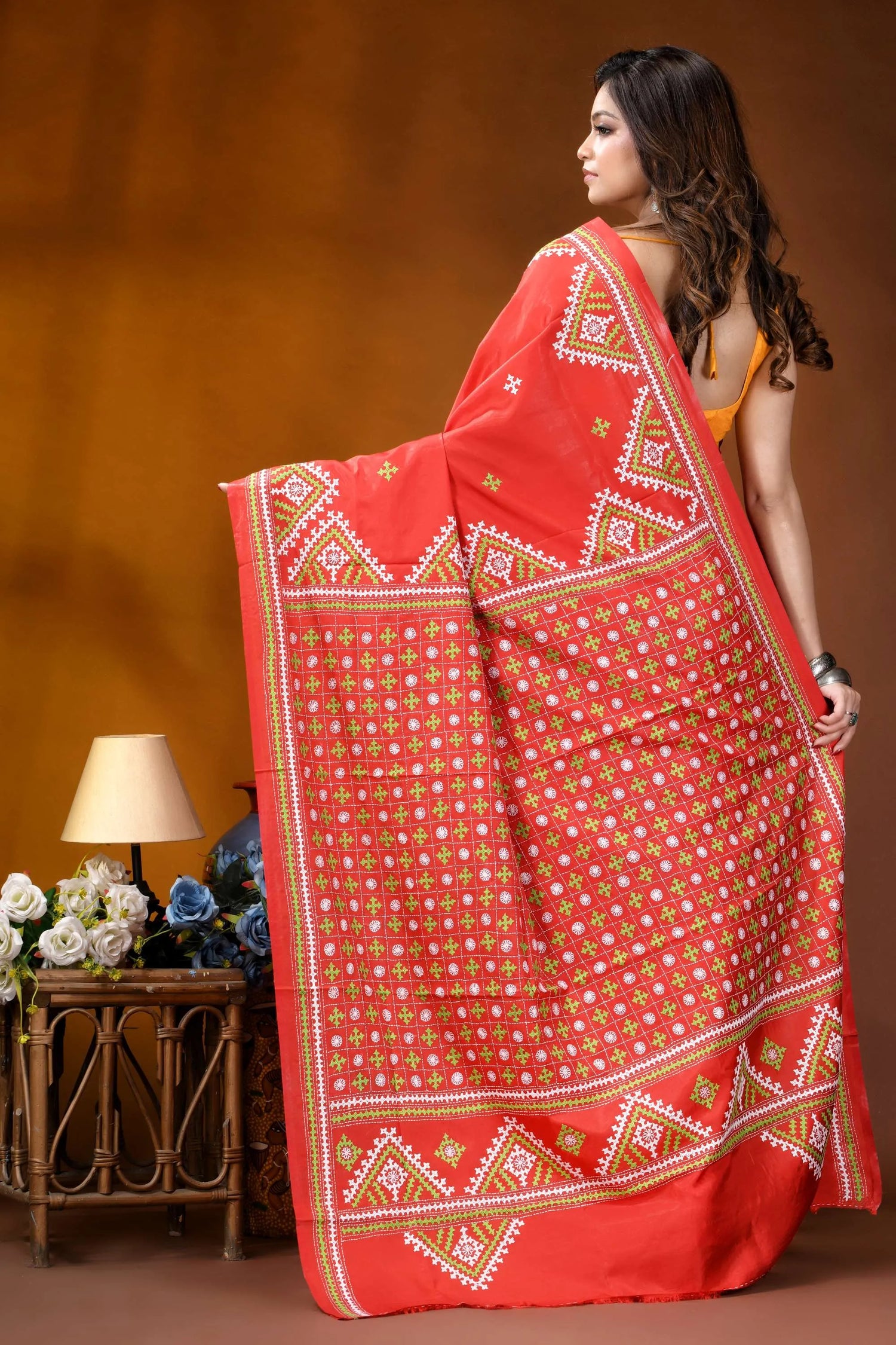 Tomato red ethnic motif handcrafted silk kutch embroidery saree vibrant red saree intricate gold 5