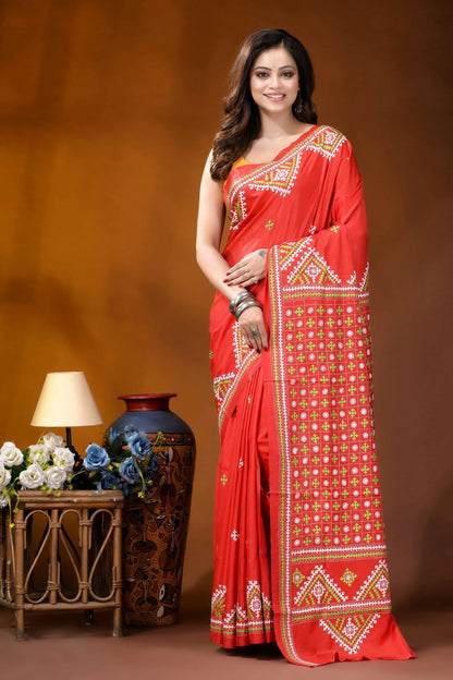Tomato red ethnic motif handcrafted silk kutch embroidery saree vibrant red saree adorned intricate 1