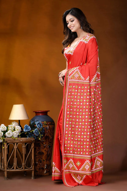 Tomato red ethnic motif handcrafted silk kutch embroidery saree vibrant red saree adorned intricate 3