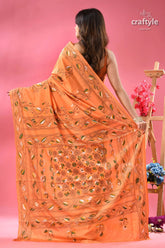 Tonys pink classic kantha stitch silk sari orange saree intricate floral leaf 5