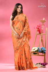 Tonys pink classic kantha stitch silk sari orange cotton saree intricate floral 4