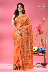 Tonys pink classic kantha stitch silk sari orange saree intricate floral leaf 6