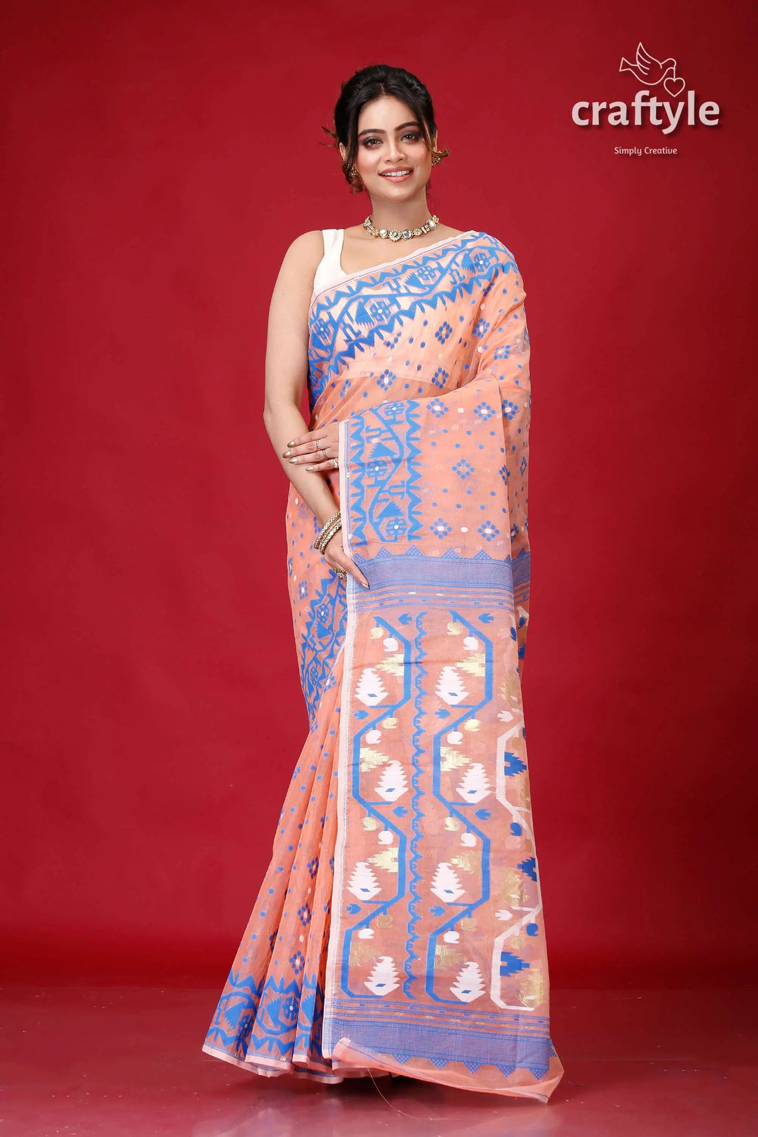 Tonys pink exclusive handloom jamdani sari peach-colored saree blue patterns 1