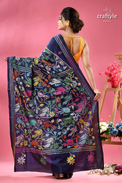 Tory blue bird motif handmdade silk kantha saree navy blue sari colorful floral 5