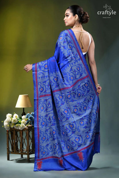 Tory blue jamdani design handmade silk kantha saree vibrant royal blue silk saree 5