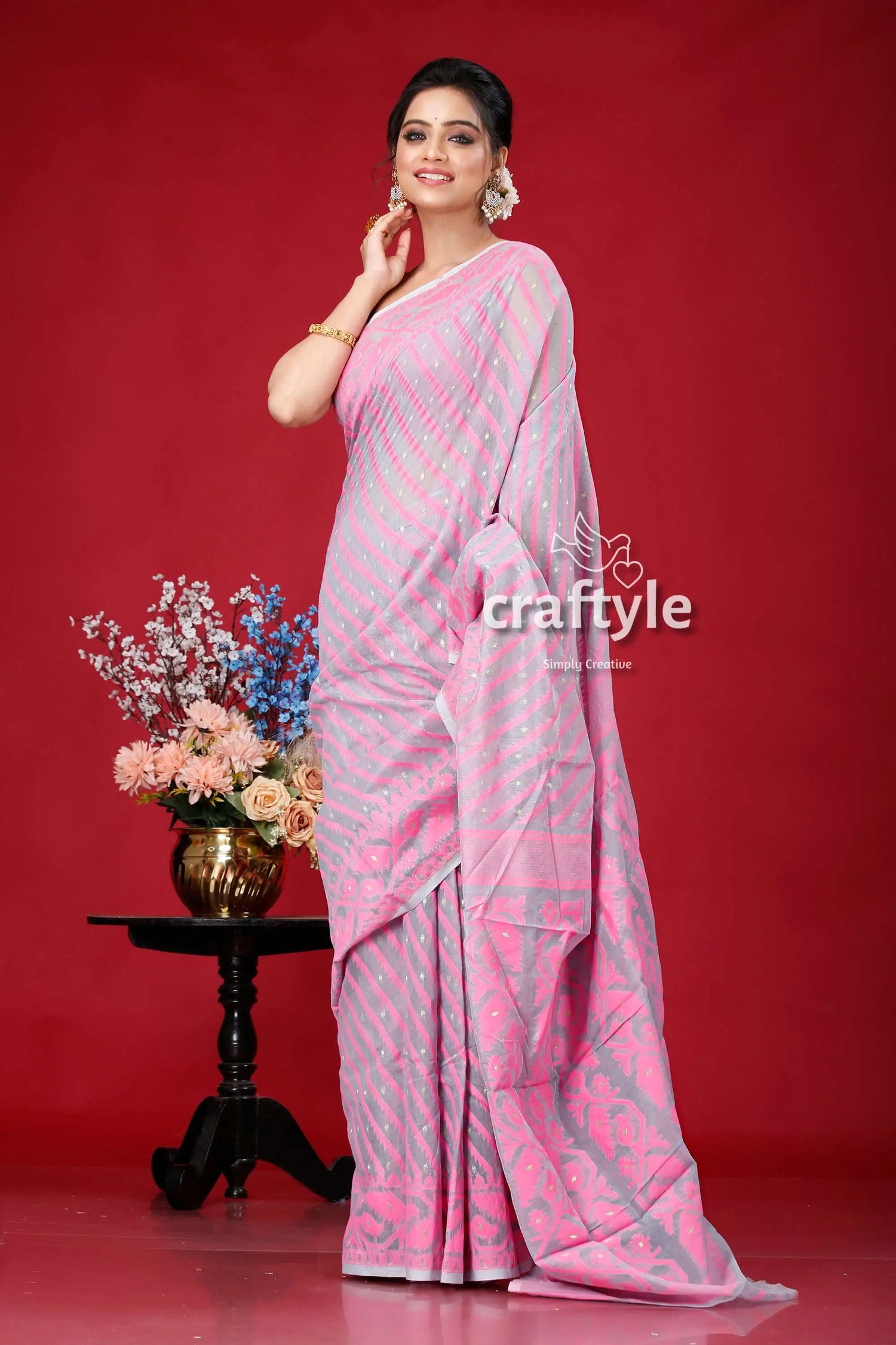 【COUNTER POINT】 JAMDANI SAREE BLOUSE Thread & Zari Woven Floral Patterned Traditional Jamdani