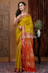 Traditional corn yellow bomkai silk saree with zari border yellow saree red gold border 1