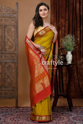 Traditional corn yellow bomkai silk saree with zari border woman yellow red saree 5