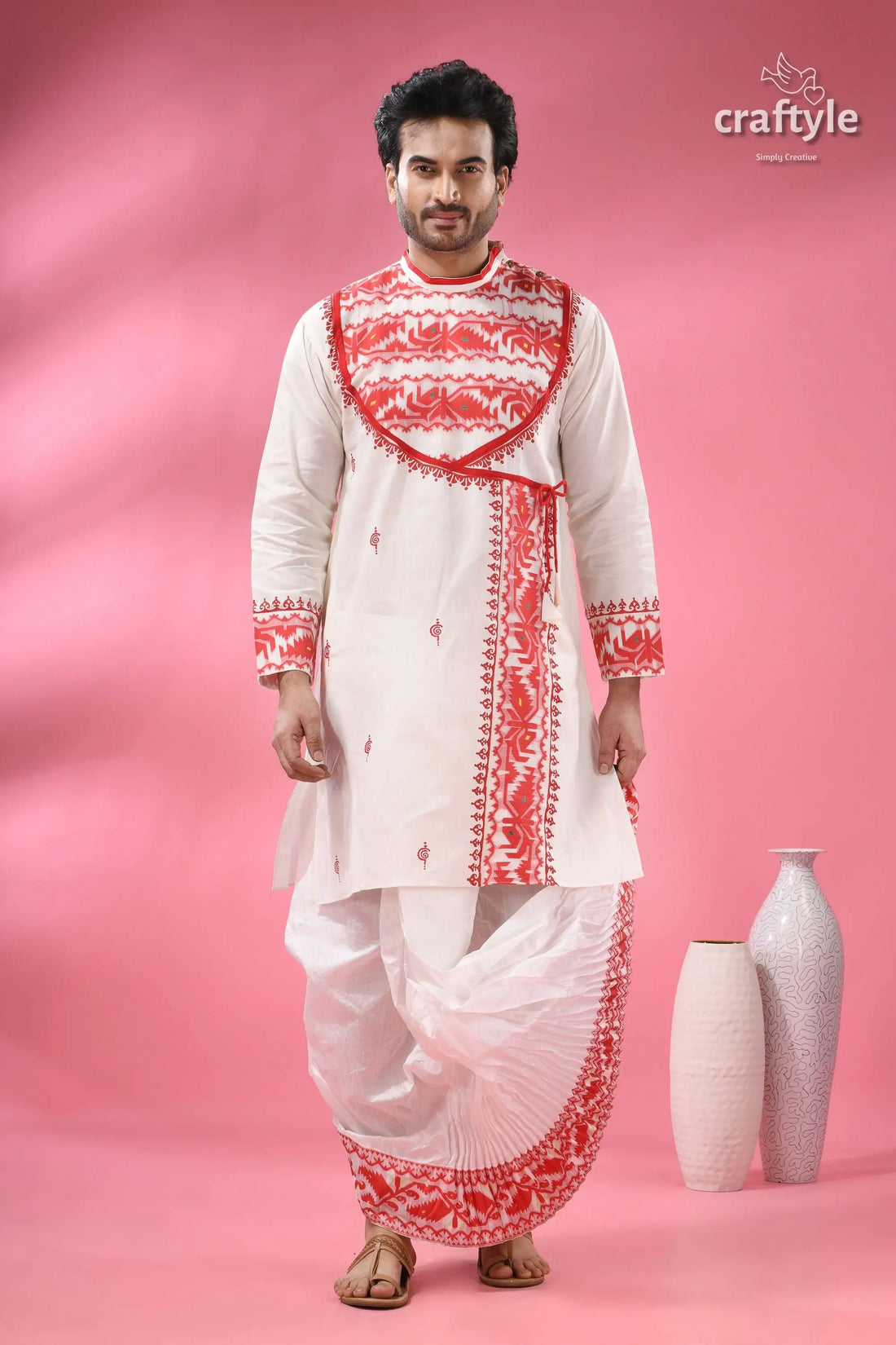 Traditional cotton jamdani punjabi for men indian ethnic wear men’s white kurta dhoti set 1