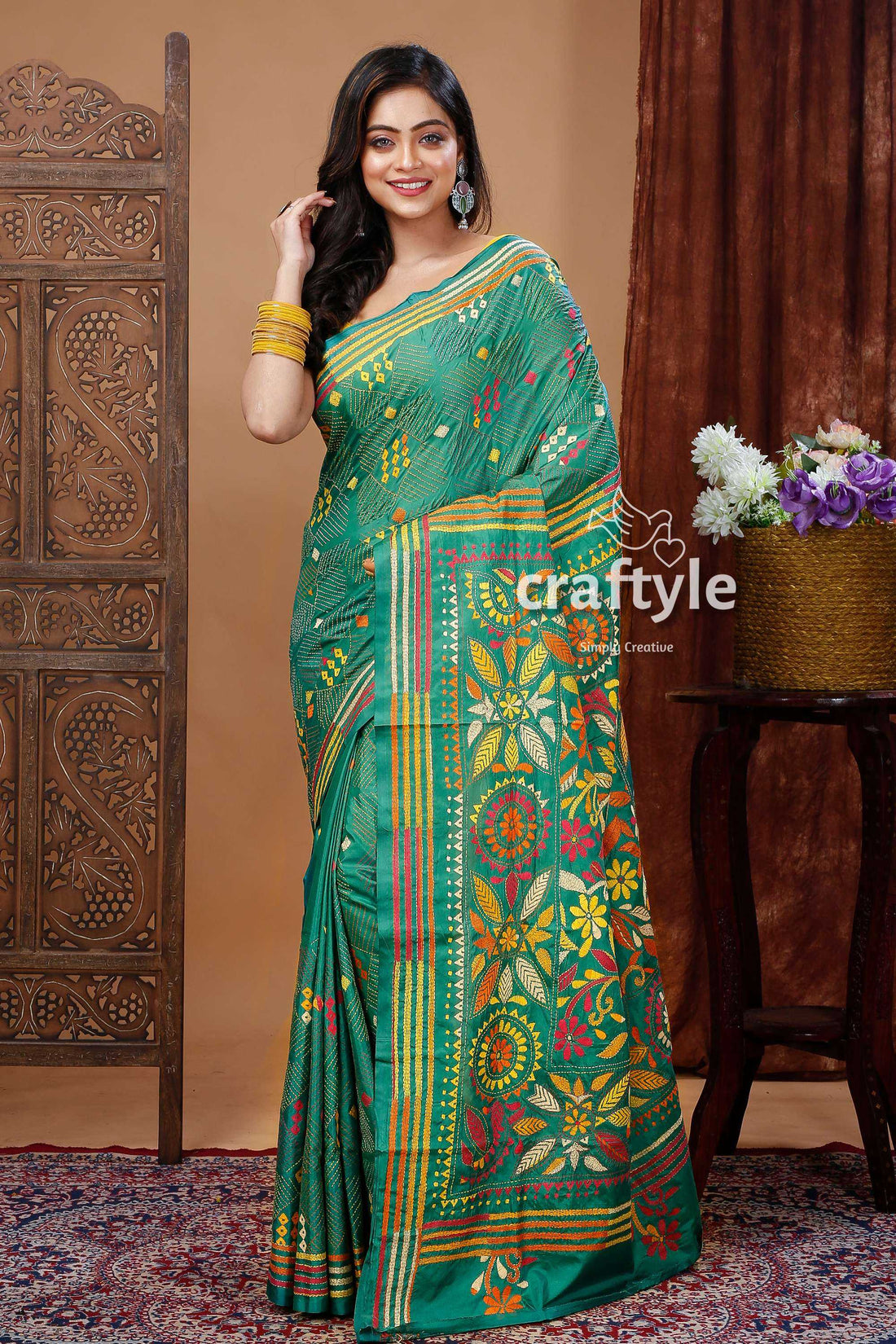 Traditional Forest Green Silk Kantha Saree for Women-Craftyle