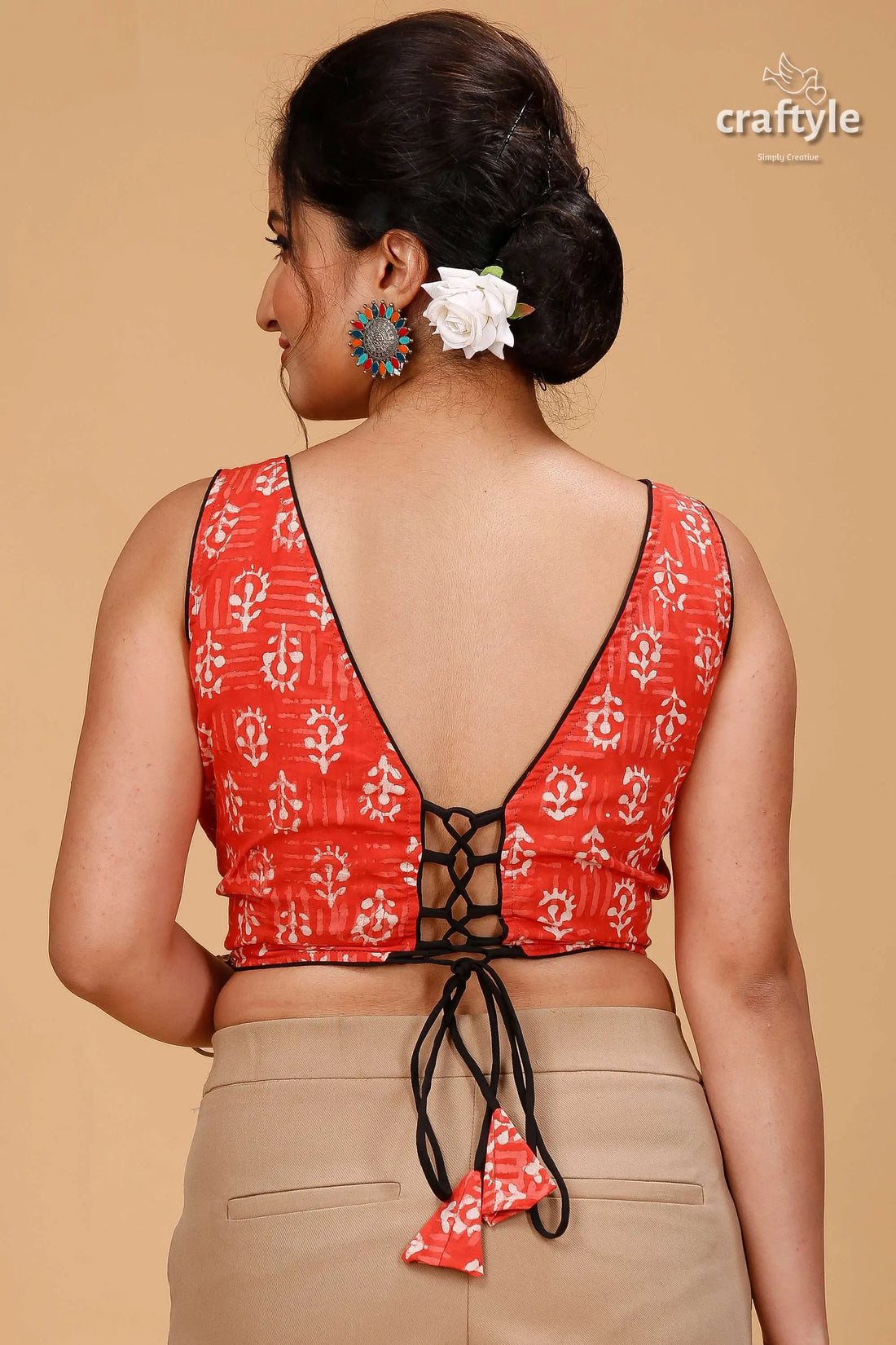 Traditional pastel red dabu print blouse on pure cotton woman red white patterned sleeveless 2