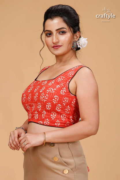 Traditional pastel red dabu print blouse on pure cotton sleeveless red blouse white block 3