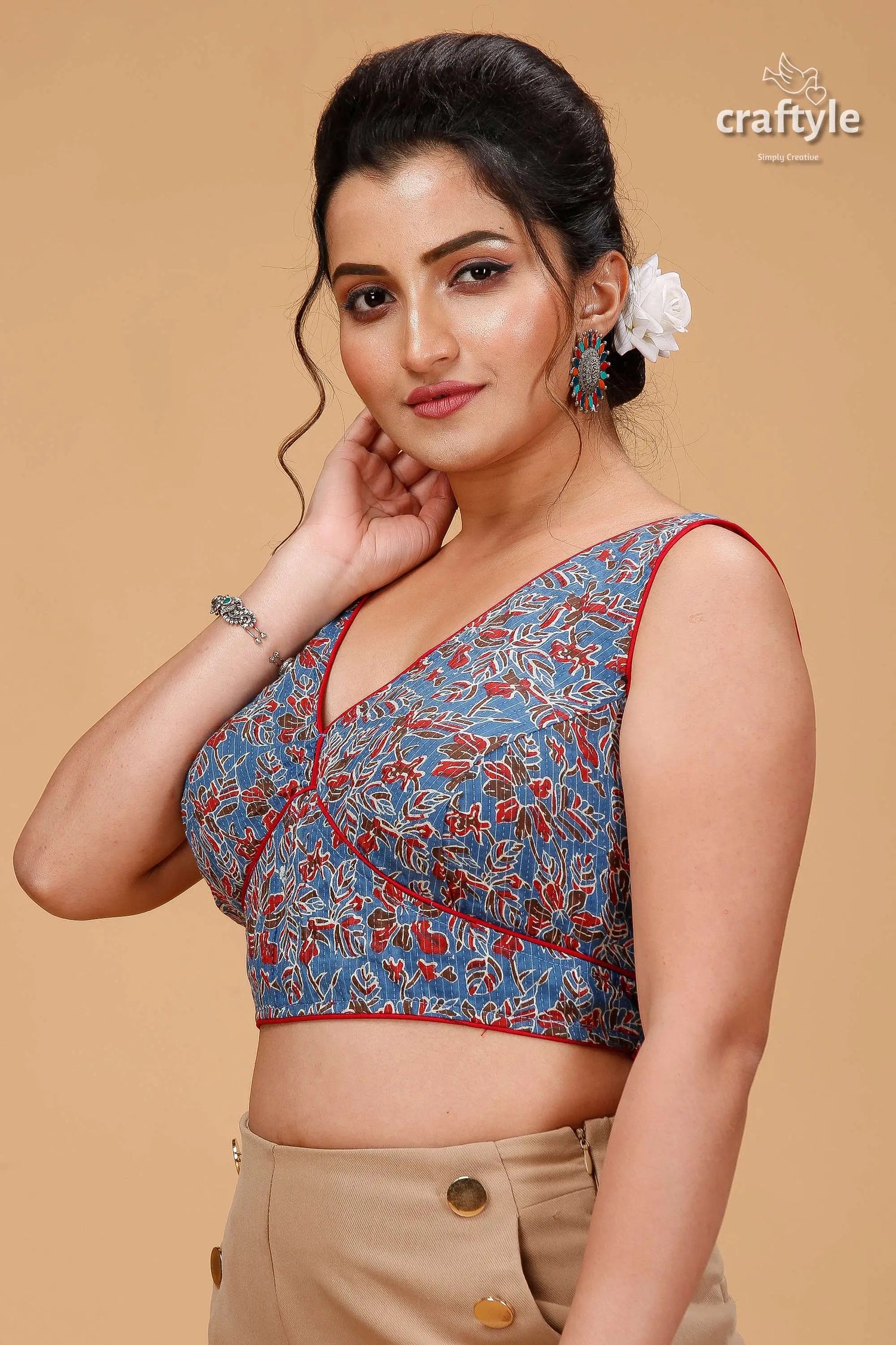 Traditional pure cotton ajrakh blouse in queen blue blue floral print crop red 3