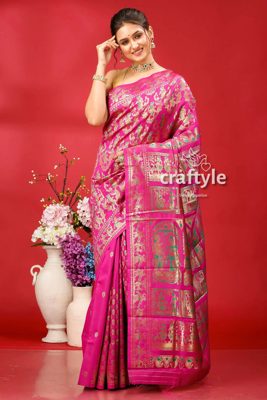 Traffic purple soft silk swarnachari saree - golden zari meena work pink silk saree gold 1