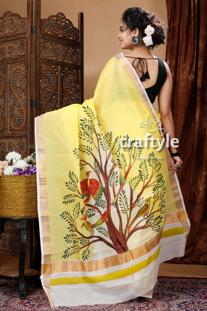Tree Motif Hand Painted Daffodil Yellow Kerala Cotton Saree-Craftyle